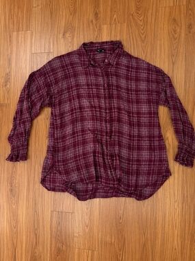 Perch Women's 2XL Burgundy Plaid Peasant Blouse Long Sleeve Boho Top
